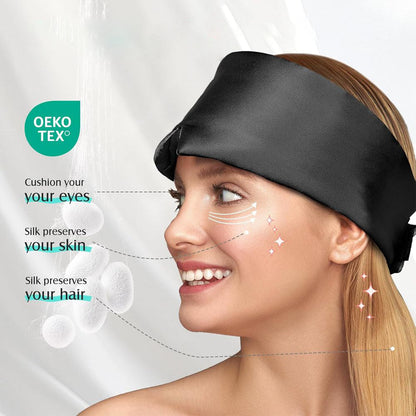 Belro silk sleep mask in black, soft and smooth, designed for comfortable eye coverage and relaxation during sleep.