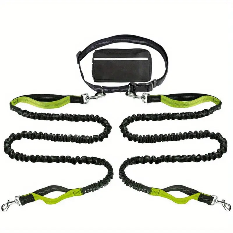 Mivoza hands-free dog walking leash with adjustable bungee, integrated storage bag, waist clip, durable design for comfortable walks.