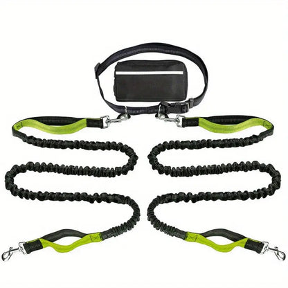 Mivoza hands-free dog walking leash with adjustable bungee, integrated storage bag, waist clip, durable design for comfortable walks.