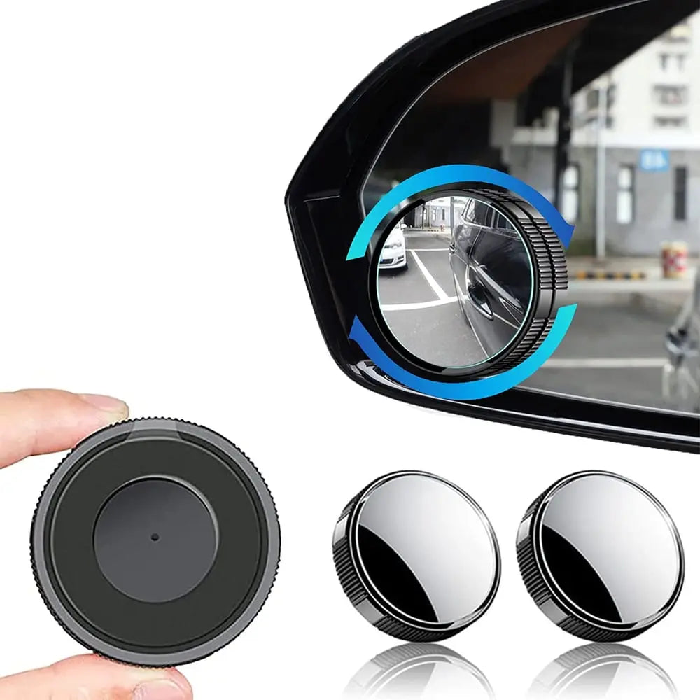 Adjustable blind spot mirror by Mivoza showing wide-angle view, clip-on installation on a car side mirror.