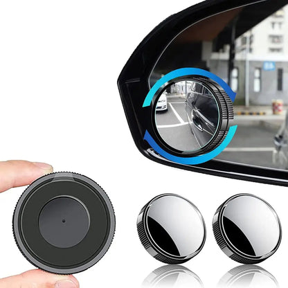 Adjustable blind spot mirror by Mivoza showing wide-angle view, clip-on installation on a car side mirror.