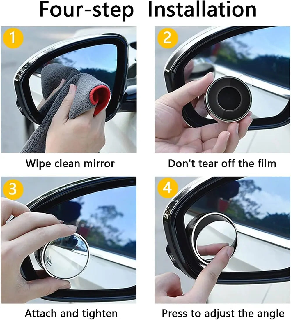 Adjustable Mivoza wide-angle rear view blind spot mirror clipped onto car for improved visibility and safety.