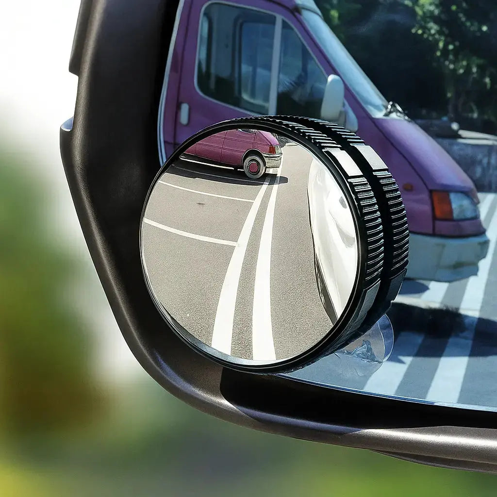 Adjustable Mivoza wide-angle car blind spot mirror with clip-on install, enhancing rear view visibility and safety.