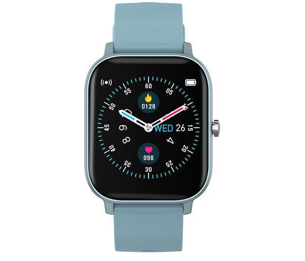 Belro smart connected smartwatch displaying digital time, fitness tracking icons, and sleek black design on a white background.