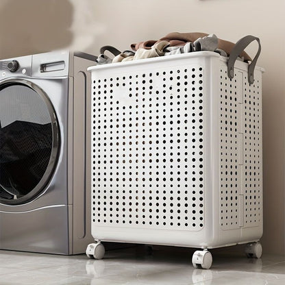Belro laundry basket with wheels, durable plastic storage bin for laundry organization, featuring sturdy handles and smooth-rolling wheels.