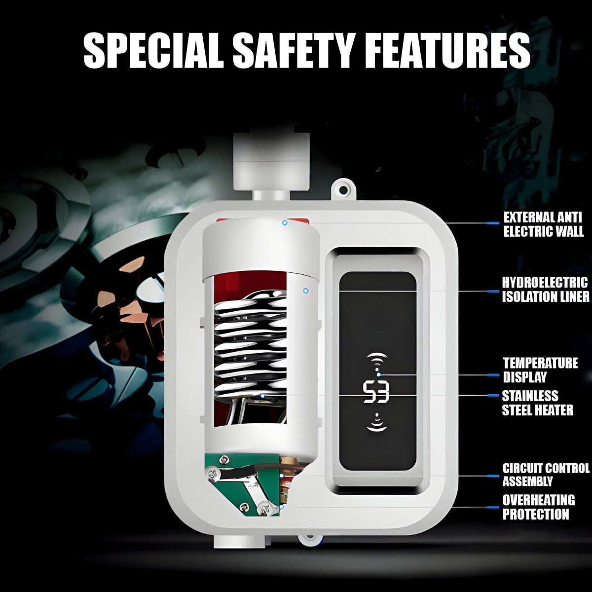 Belro portable electric tankless water heater with temperature control knob, compact design for outdoor home use.