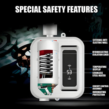 Belro portable electric tankless water heater with temperature control knob, compact design for outdoor home use.