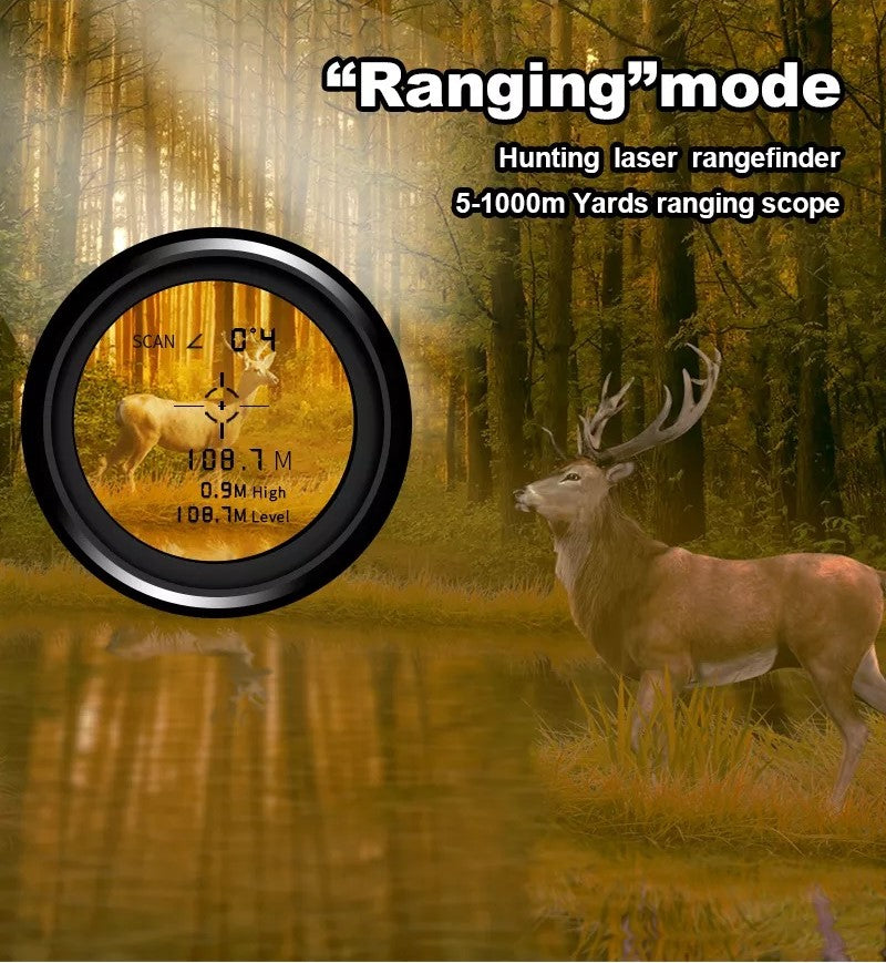 Belro 1000 Feet Hunting Range Finder in black and green, compact electronic device with digital display for accurate distance measurement.