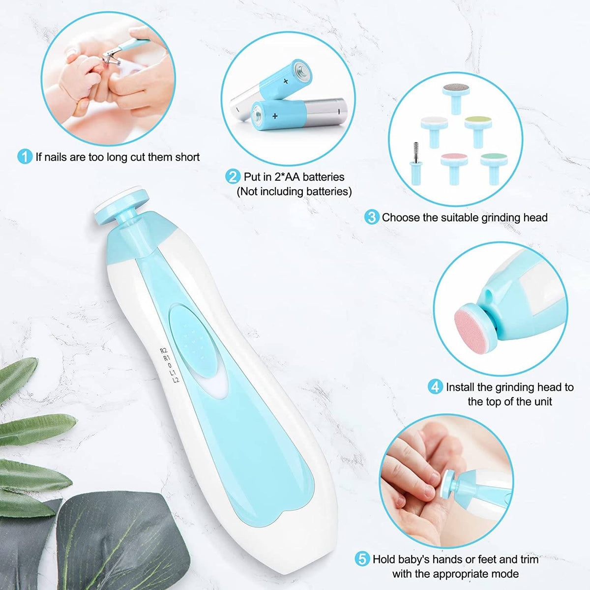 Baby nail trimmer by Belro for kids, showing a close-up of the electric trimmer with safety guard and ergonomic design.