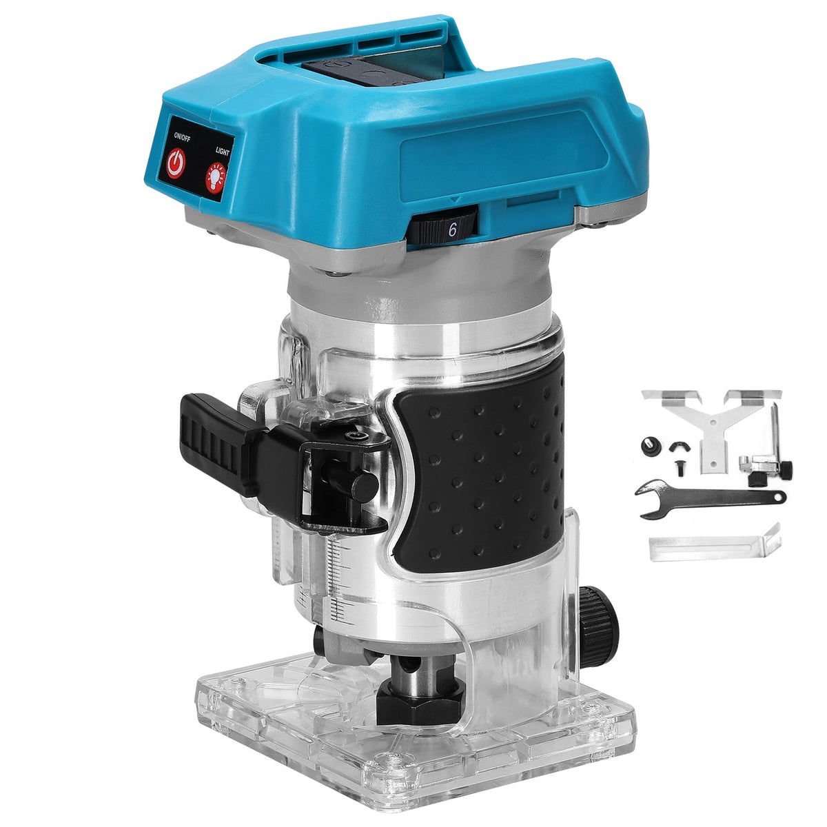 Belro wood router tool for woodworking projects, showing the router with adjustable base and cutting bit installed.