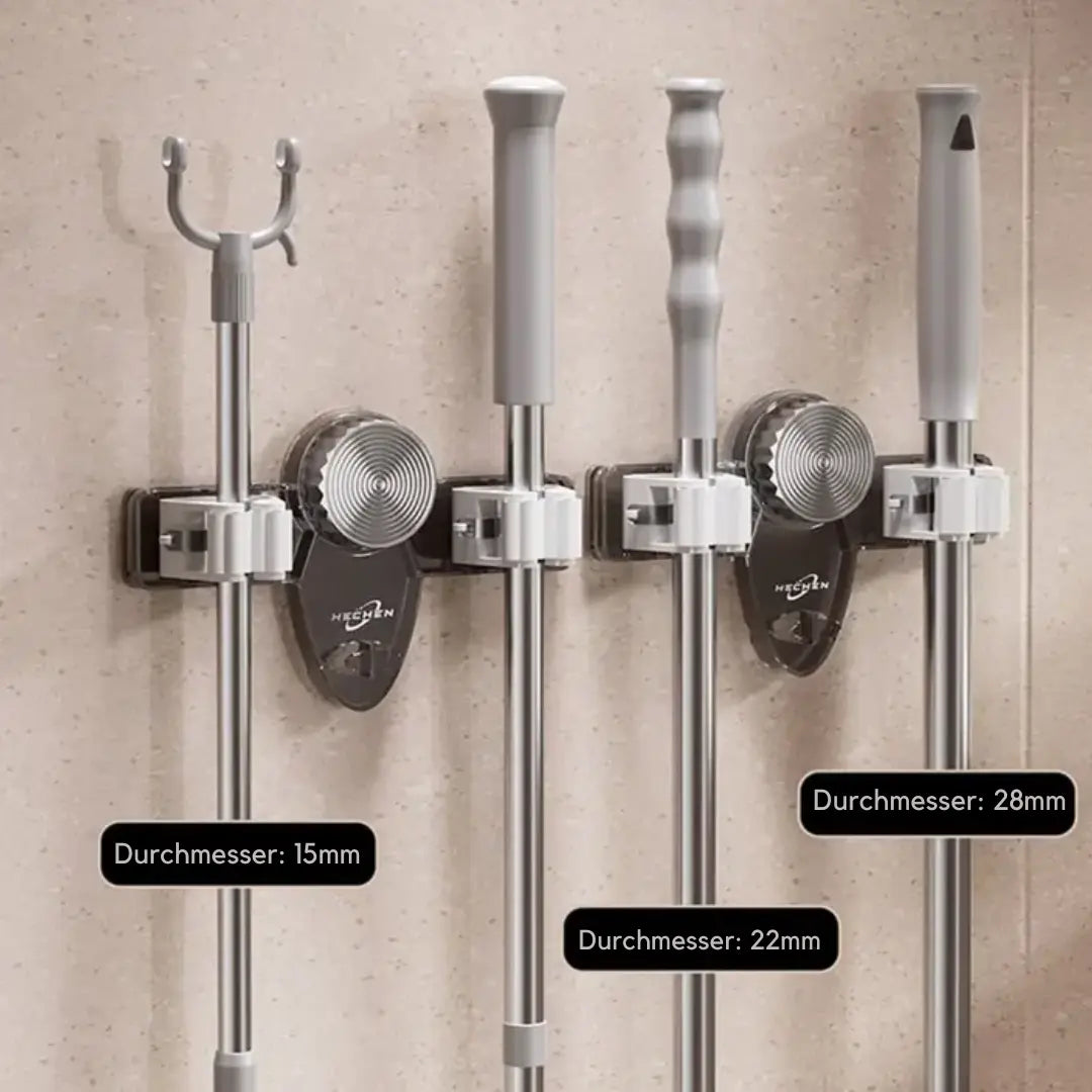 Mivoza space-saving broom and tool wall mount holder with four hook slots, self-adhesive for organized cleaning storage.