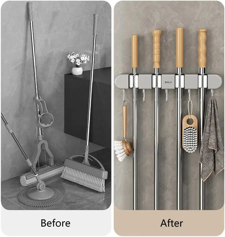 Mivoza wall-mounted broom and mop holder for secure, space-saving storage of cleaning tools in home and garden organization.