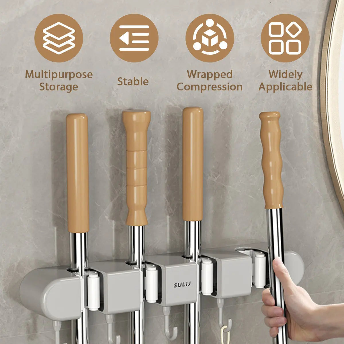 Mivoza wall broom and mop holder for secure, space-saving storage of cleaning tools in home and garden organization.