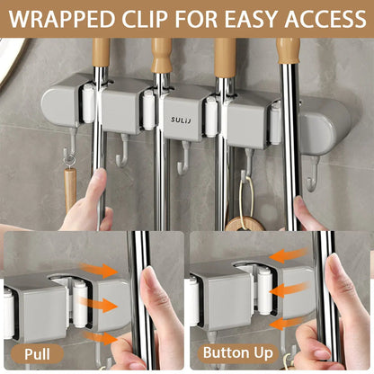 Mivoza wall-mounted broom and mop holder with space-saving design and secure tool storage for home organization.