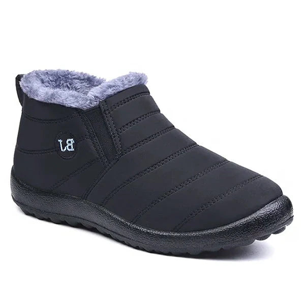 Belro waterproof winter slip-on boots designed for snow, featuring black durable footwear with slip-resistant soles.