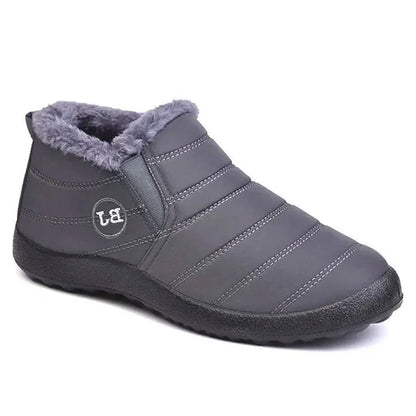 Gray waterproof winter slip-on boots by Belro designed for snow, with insulated lining and durable rubber soles.