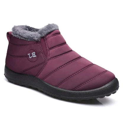 Belro waterproof winter slip-on boots with snow-resistant design, featuring a wine-colored exterior and sturdy sole for cold weather.