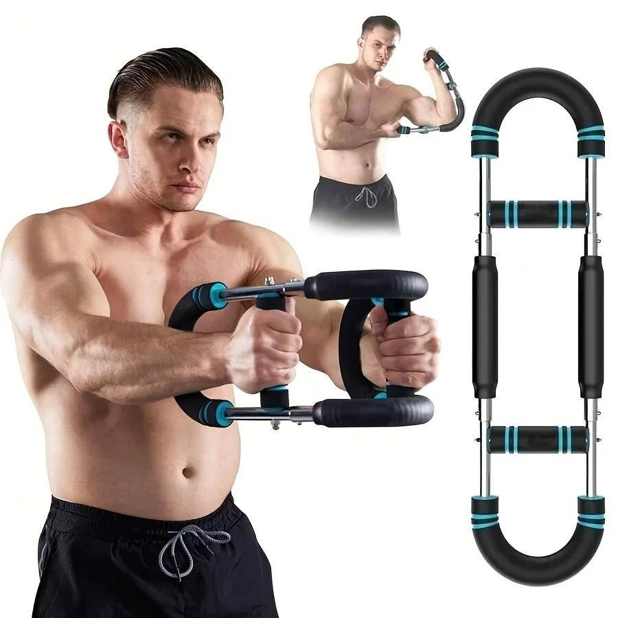 Belro arm trainer home machine and chest expander for men, showing the compact fitness equipment in a workout setting