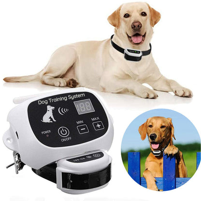 Belro wireless dog fence with collar, electronic pet containment system, showing collar and boundary setup in a yard setting