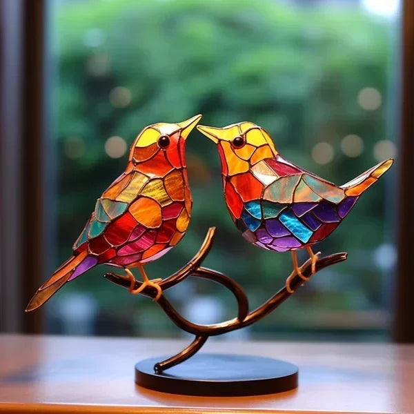 Decorative acrylic birds on branch desktop ornament by BowLift, featuring stained glass-style design for home decor.