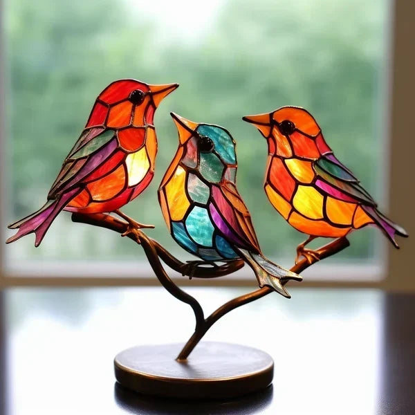 Decorative acrylic birds on a branch desktop ornament by BowLift, featuring colorful stained glass-style design.