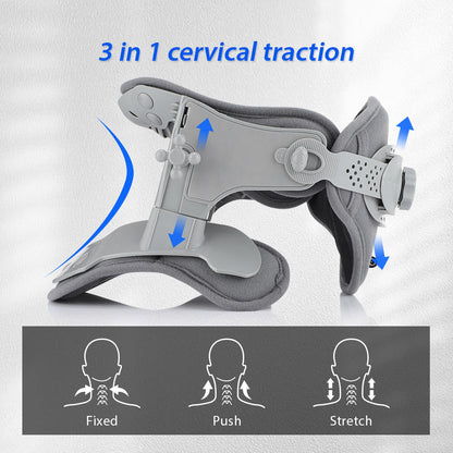 Belro neck stretcher traction device attached to a person's neck, designed to relieve tension and improve posture.
