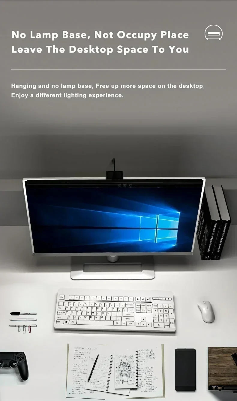 Belro LED monitor light bar attached to a computer monitor, providing focused lighting for improved screen visibility.