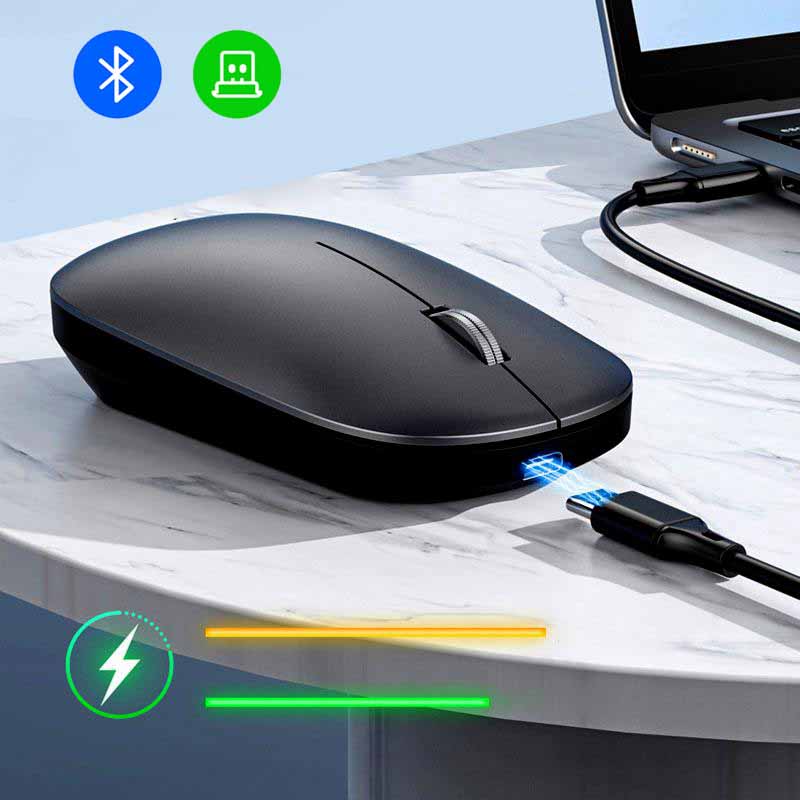 Belro Bluetooth wireless mouse with ergonomic design, black plastic body, and scroll wheel for computer use.