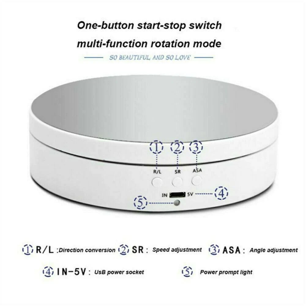 Belro 360° electric motorized rotating display rack for electronics and cameras, showing a sleek, circular design with multiple shelves.