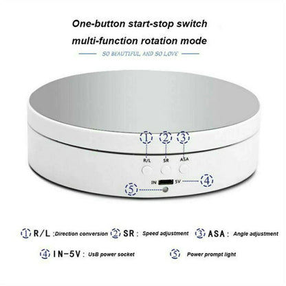 Belro 360° electric motorized rotating display rack for electronics and cameras, showing a sleek, circular design with multiple shelves.