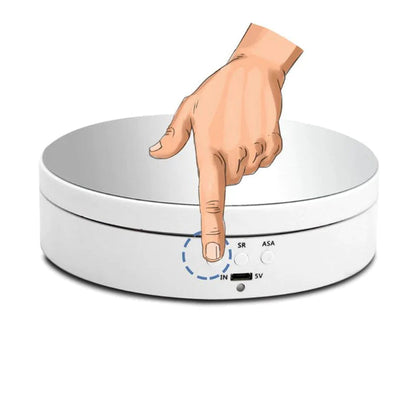 Belro 360° electric motorized rotating display rack for electronics and cameras, showcasing a sleek, modern design.