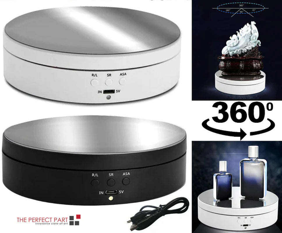 Belro 360° electric motorized rotating display rack for electronics and cameras, showcasing a smooth rotating mechanism.