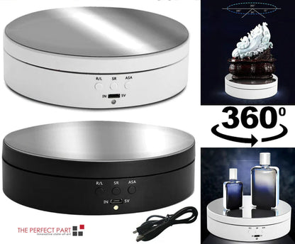 Belro 360° electric motorized rotating display rack for electronics and cameras, showcasing a smooth rotating mechanism.