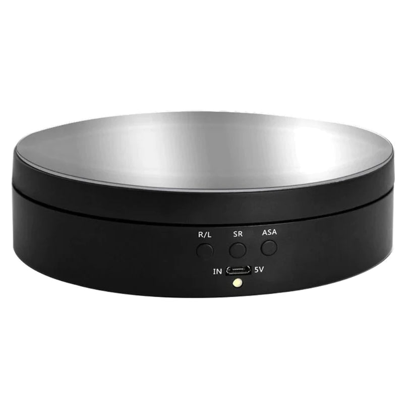 Belro 360° electric motorized rotating display rack for electronics and cameras, showing a sleek, rotating stand in a store setting.