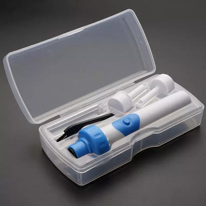 Electric ear wax remover by Belro in use, showing the device and ear canal for safe ear cleaning and ear hygiene.