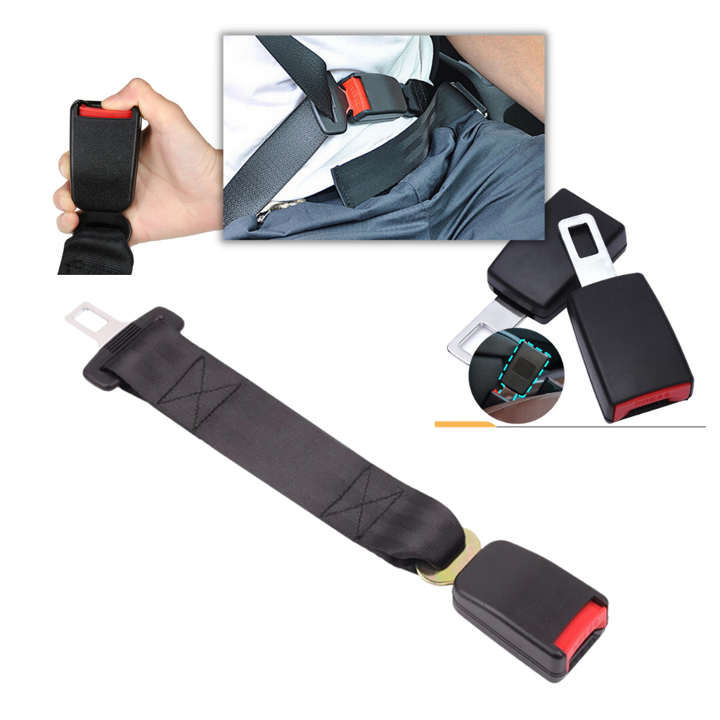 Belro universal seat belt extender for comfort and safety, showing the extender attached to a car seat belt in a sports and outdoors setting.