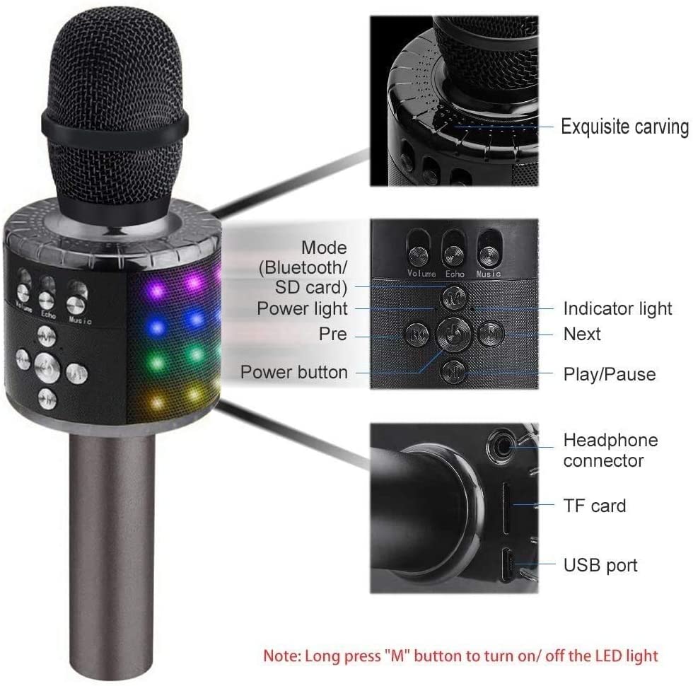 Belro Bluetooth Karaoke Microphone held in hand, showcasing portable wireless audio device for singing and entertainment.