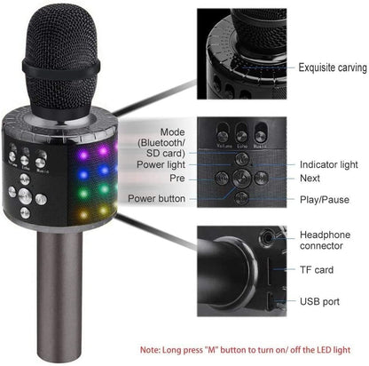 Belro Bluetooth Karaoke Microphone held in hand, showcasing portable wireless audio device for singing and entertainment.