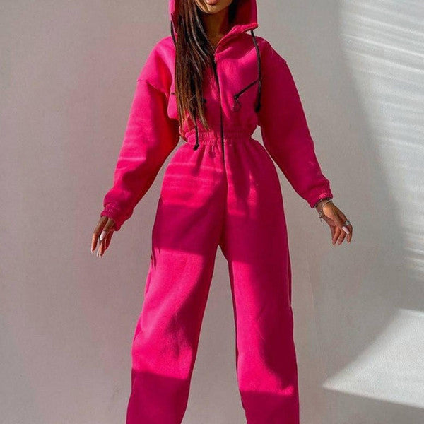 Belro basic hooded jumpsuit in soft sleepwear fabric, featuring a hood and relaxed fit for comfortable loungewear.