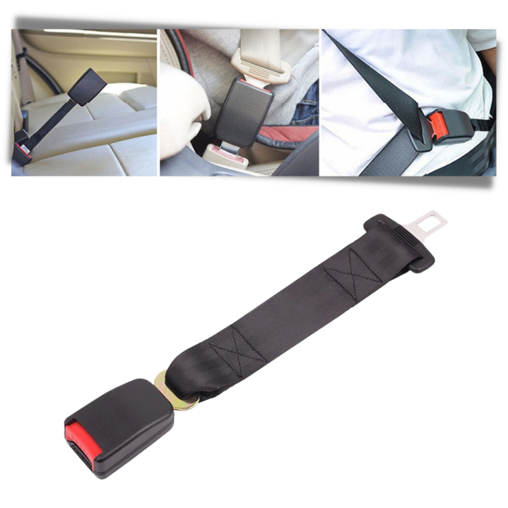 Belro universal seat belt extender providing added comfort and safety, shown attached to a car seat belt.