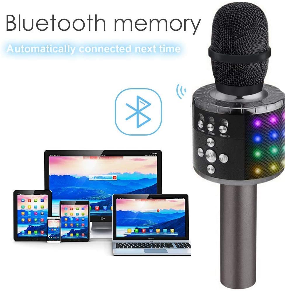 Belro Bluetooth karaoke microphone with built-in speaker and colorful LED lights, ideal for singing and entertainment.