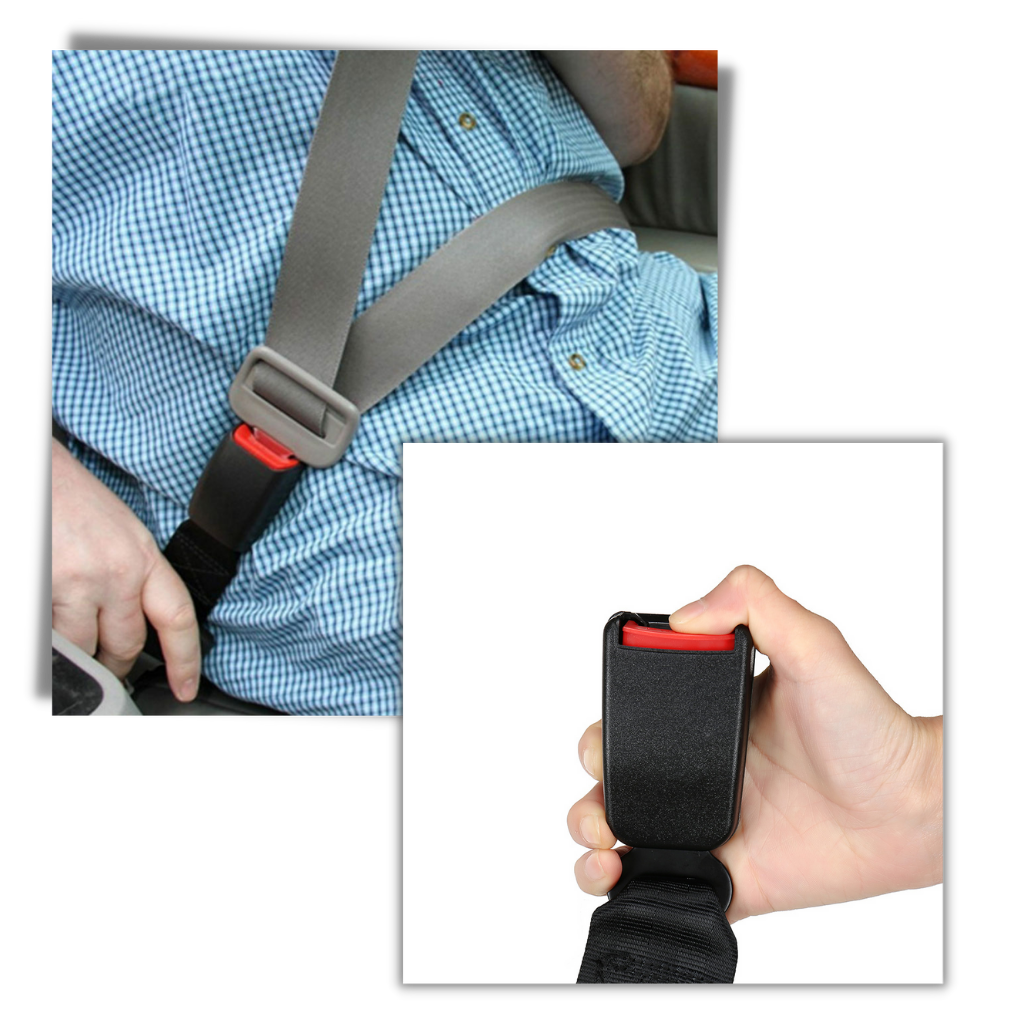 Belro universal seat belt extender providing added comfort and safety, shown attached to a car seat belt.