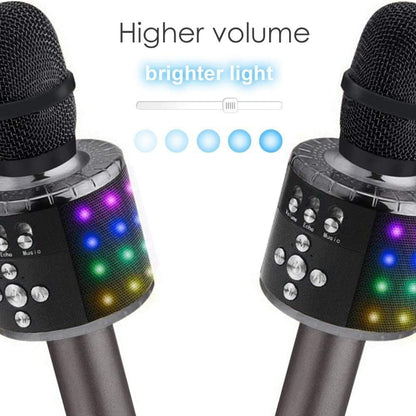 Belro Bluetooth karaoke microphone in black with built-in controls, designed for wireless singing and audio playback.