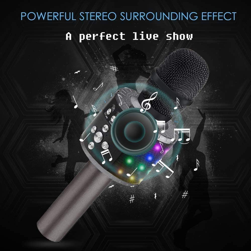 Belro Bluetooth Karaoke Microphone in black with built-in speaker and controls, perfect for singing and entertainment.