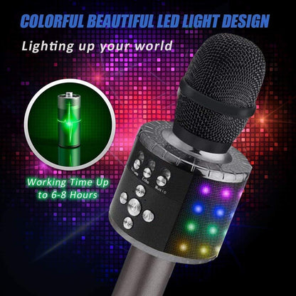 Belro Bluetooth Karaoke Microphone in black, wireless design with built-in controls for singing and audio playback.