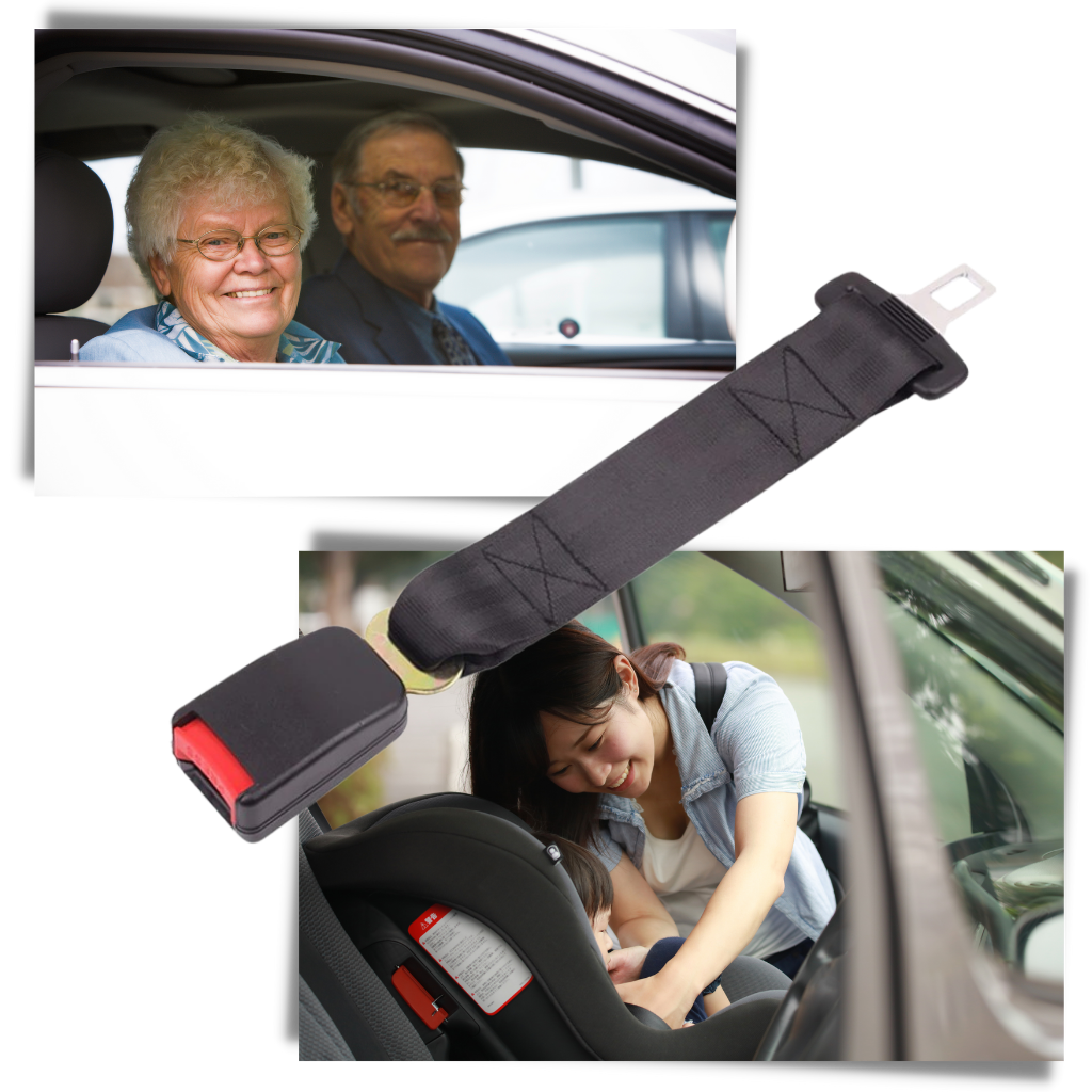 Belro universal seat belt extender in black, designed for comfort and safety, shown attached to a car seat belt.