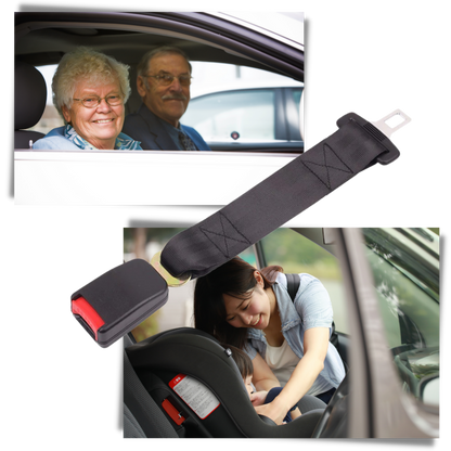 Belro universal seat belt extender in black, designed for comfort and safety, shown attached to a car seat belt.