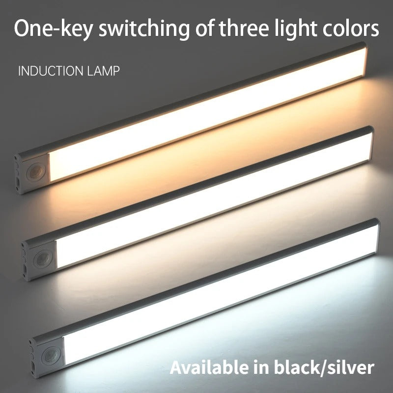 Belro motion sensor closet cabinet light illuminating a small storage space in a home closet with built-in LED lighting