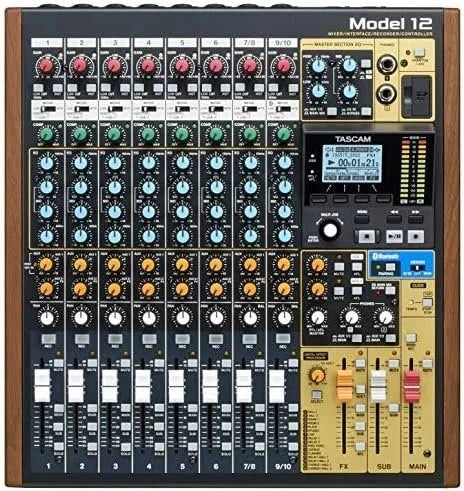 Casavibeo Tascam Model 12 all-in-one 12-track digital mixer with USB audio interface and DAW control, shown with knobs and faders.