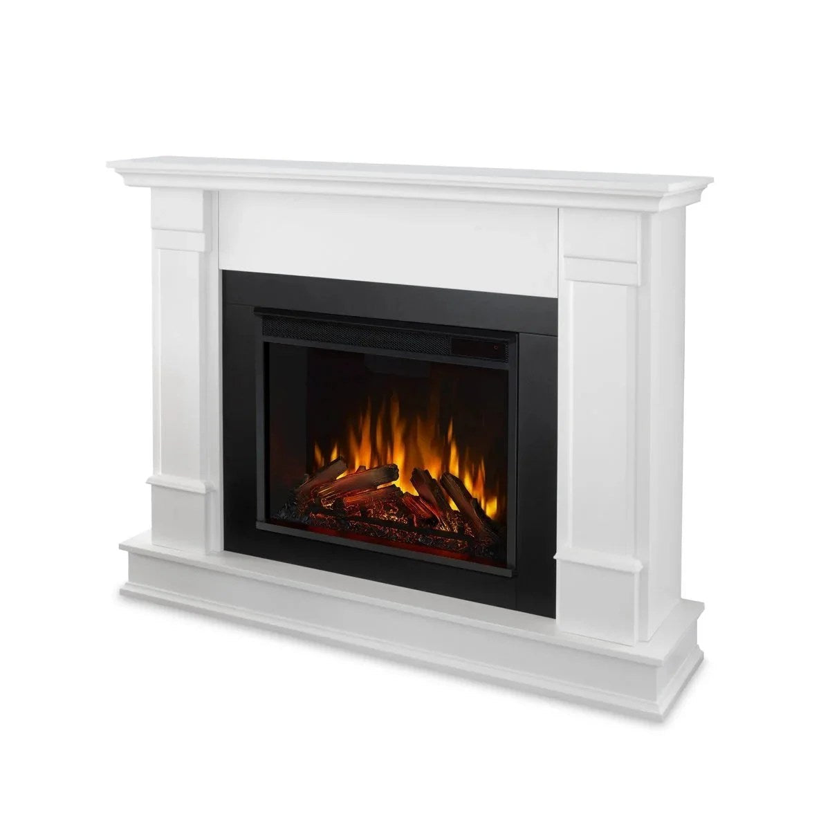 Casavibeo Real Flame 48-inch Silverton electric fireplace with realistic flame effect and sleek silver finish.